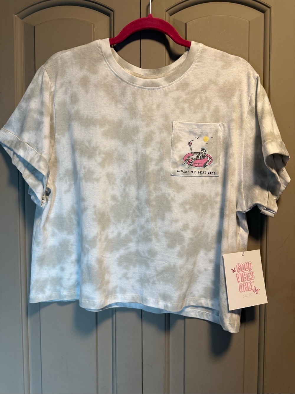 Short Sleeve Tie-Dye Pocket Tee with Pink Float Graphic - Women